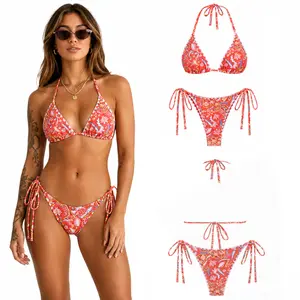 Seamoly Any 2 Bikini Sets for $18, Limited Sizes Left -two-piece bikini flowral print   triangle bathing suit trinity  Halter Triangle Tie Side Bikini thong bikini Set,Cherry Bow Decor Tie Side Triangle Tanga String suit bandeau bikini set