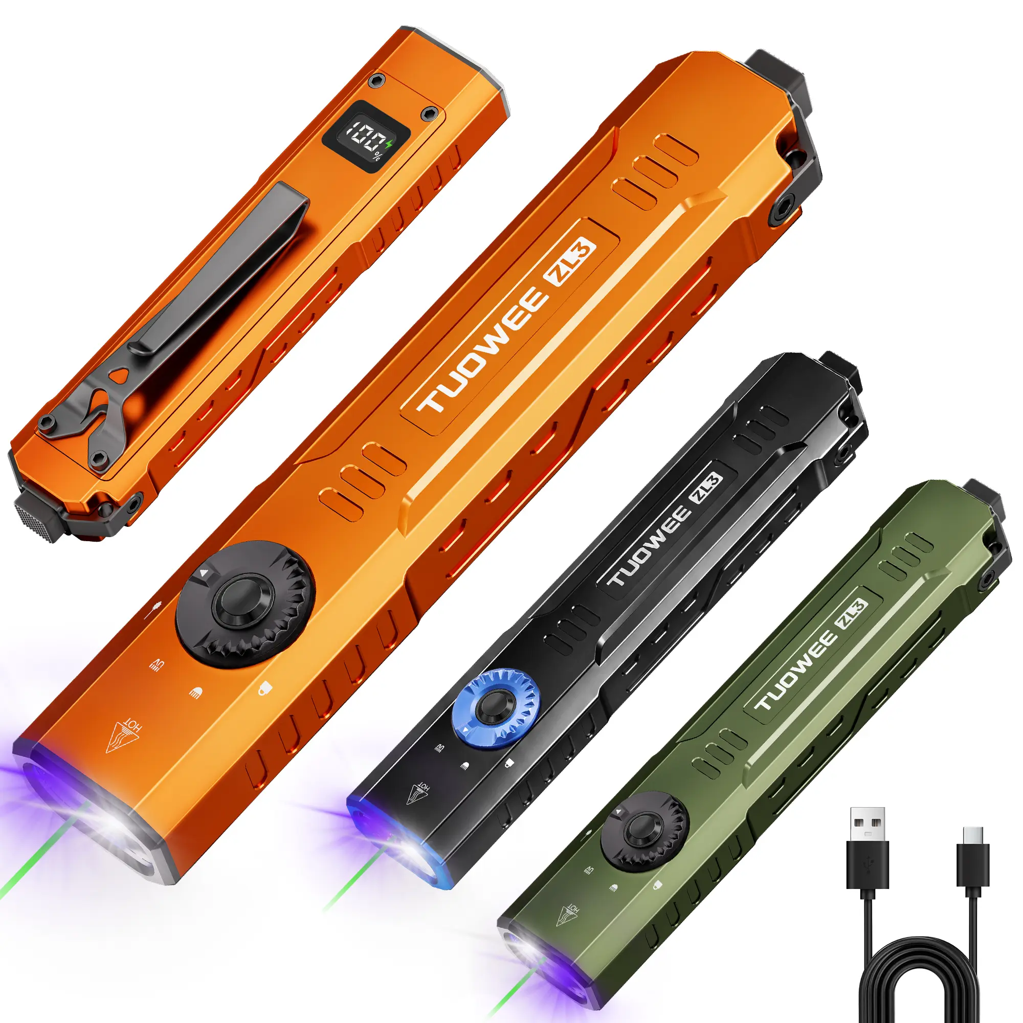 【bladedistrict exclusive】 TUOWEE ZL3 Rechargeable Flat EDC Flashlight, 1000 Lumens Tactical Flashlight with UV Light, Dual Switches, Digital Display, Waterproof Pocket Flashlight for Outdoor, Home & Emergency