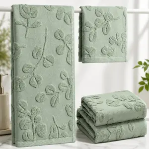 Sage green eucalyptus bath towel set 4 pieces cotton soft absorbent jacquard 2 hand towels 2 washcloths for bathroom kitchen spring summer gift