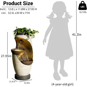 27.95''H Outdoor Garden Water Fountain, 2-Tier Bowl Shaped Floor - Standing Waterfall Fountain Indoor with LED Lights for Yard, Garden, Patio,Backyard & Home Decor