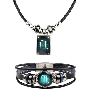 2Pcs Zodiac Necklace Bracelet Set for Men Zodiac Sign Jewelry Leather Constellations Zodiac Bracelet for Men Zodiac Gifts for Women,Birthday Gifts