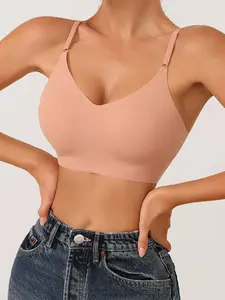 Ladies Pure Color V Neck Comfortable Bra without Underwire Featuring Soft Support Gathering and Breathable Design Adjustable Shoulder Straps Suitable for Various Body Types Simple Gift For Valentine's Day Women's Day