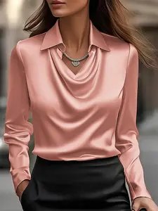 Elegant Satin V Neck Shirt Blouse for Women, Fashion Long Sleeve Silk Fabric, Casual Office Commute, Spring & Fall Wear