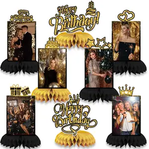 8Pieces Set Black Gold Happy Birthday With DIY Photos Centerpiece Decorations Happy Birthday Photo Table Toppers for Celebrating Anniversary Theme Baby Shower Birthday Party Supplies