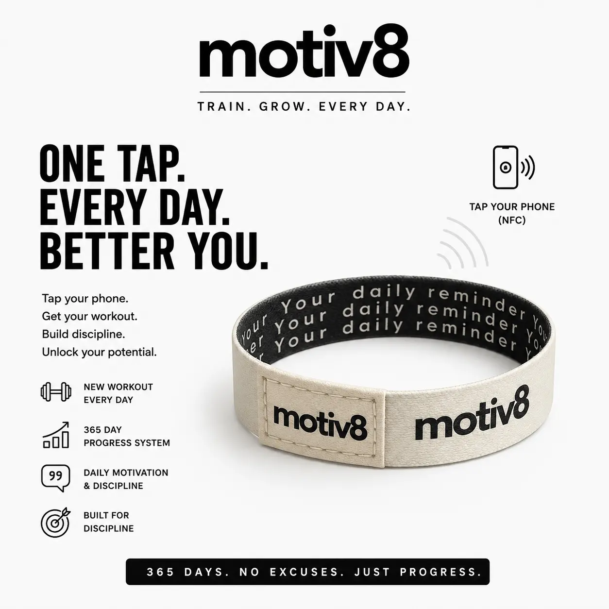 Women's White Motiv8 Wearable Wristband - Female Trendy Fashionable Accessory, Daily Reminder Bangle with Motiv8 Logo and Text Design, Casual Bracelet, Trendy Fashionable Accessories
