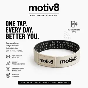 White Motiv8 Wearable Wristband - Trendy Fashionable Accessories, Daily Reminder Bracelet with Motiv8 Logo and Text Design