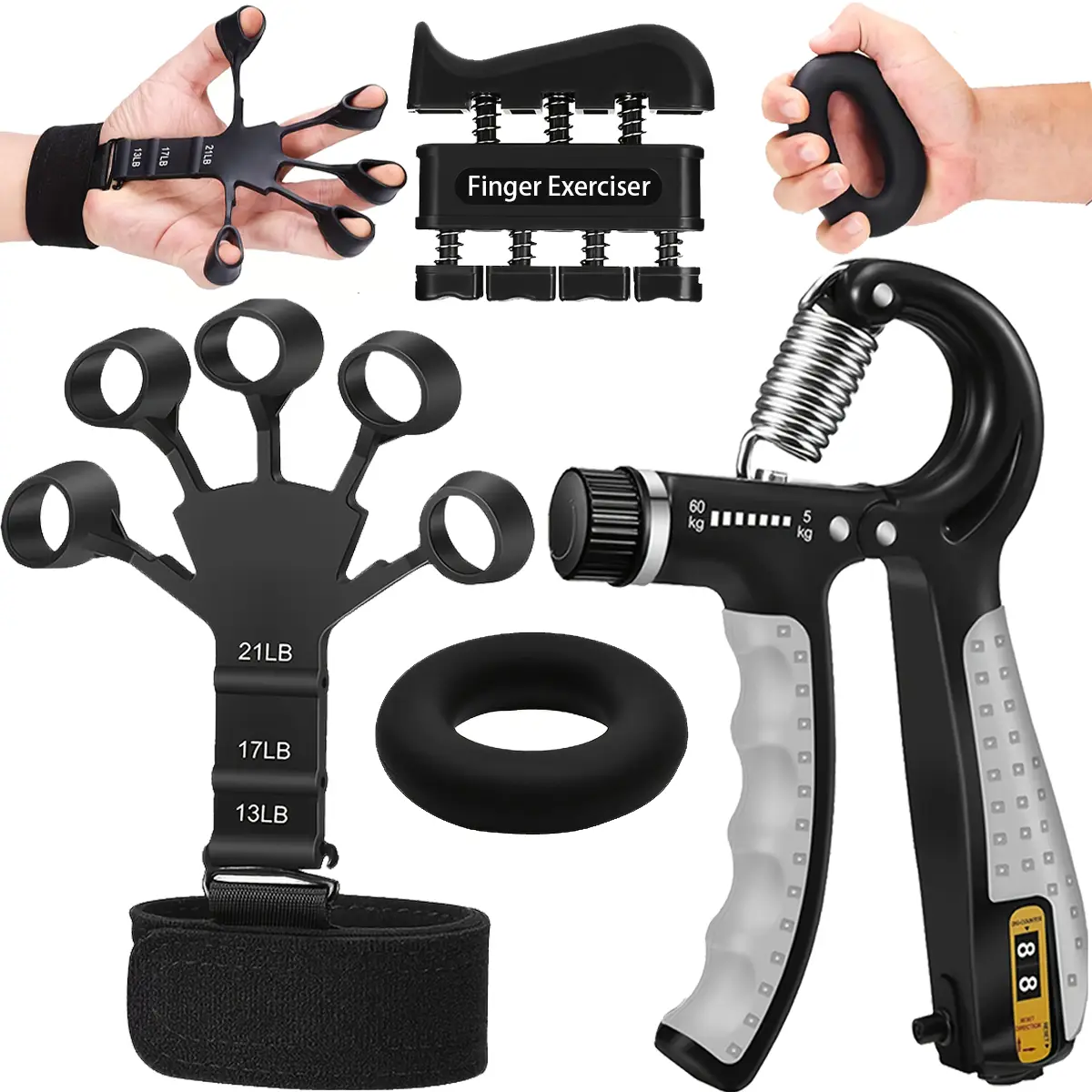 Pro Grip Trainer 4-Pack Adjustable Resistance (10-130 lbs) Gym Muscle Builder, Weak Grip? Fix in 2 Weeks! (Office/Gym/Carpal Tunnel Relief) forearm