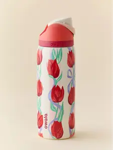 [PRE ORDER_SHIPPING 15–20 DAYS] Owala FreeSip Pink Red Floral Stainless Steel Bottle – 24oz/32oz Insulated, Cute Leak-Proof Water Bottle for Women & Girls, Perfect for School, Work, Gym & Outdoor Activities