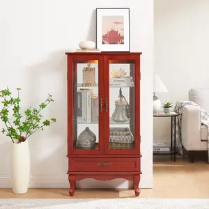 Hardware Lighted Glass Cabinet Glass Wine Cabinet Curio Display Cabinet with Adjustable Glass Shelves 2 Doors and 1 drawer Cabinet Bulb Included Cherry