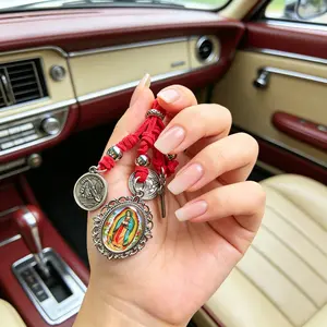 Handmade Red Cord Hanging Charm with Cross, St. Benedict, Virgin Mary and Angel