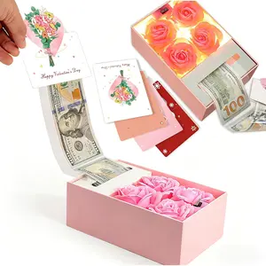 Money Box for Cash Gift Pull, Money Gift Boxes for Cash on Birthday, Christmas, Graduation, Mother's Day, for Husband, Wife, Girlfriend, Mother With Soap Rose Flower and Greeting Cards