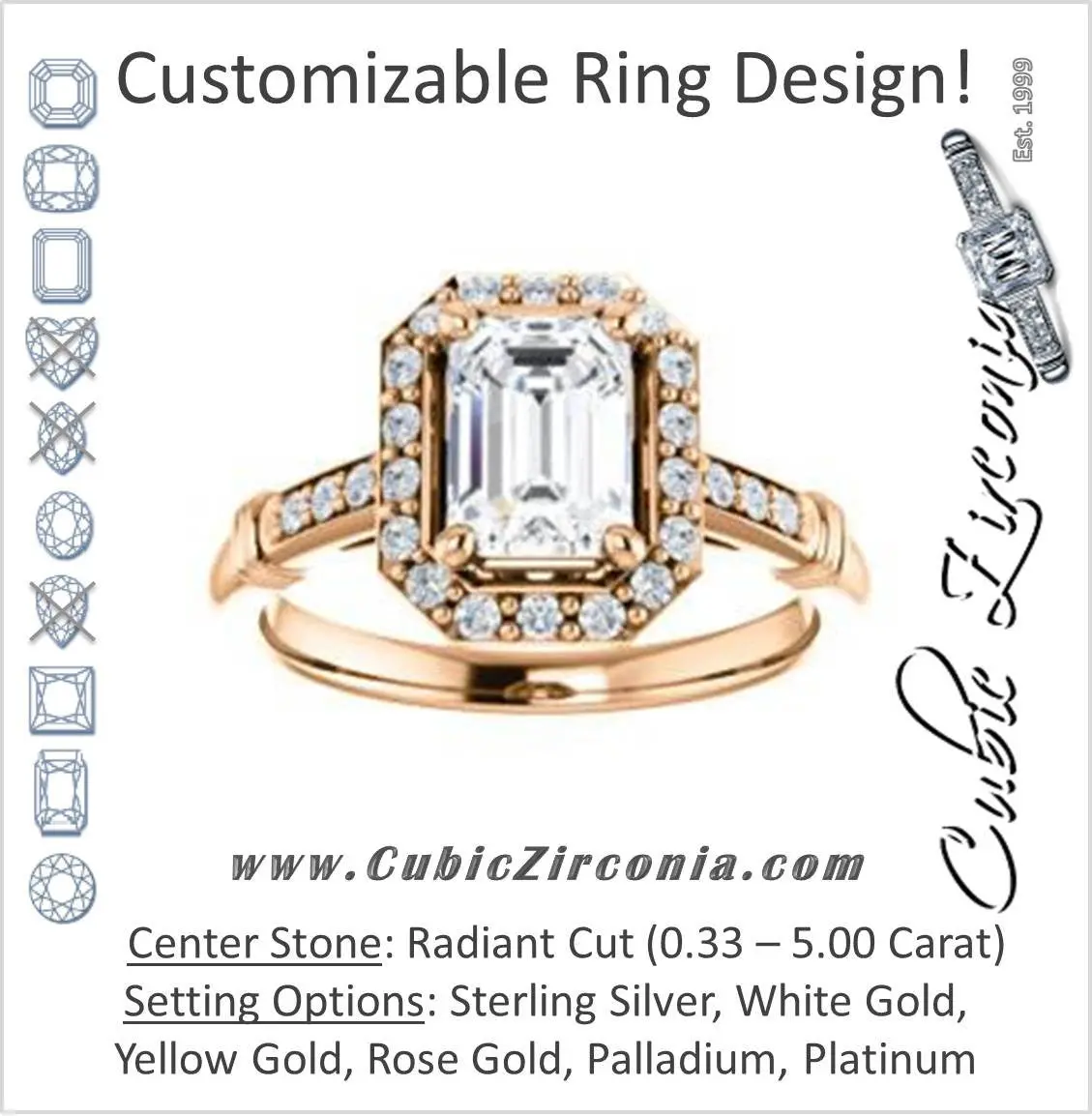 Cubic Zirconia Engagement Ring- The Thelma Ann (Customizable Cathedral-Halo Radiant Cut Design with Thin Accented Band)