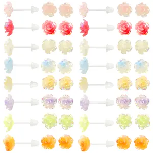 16 Pairs 8 mm Hypoallergenic Resin Rose Flower Stud Earrings 8 Colors with Clear Soft Backs for Sensitive Ears Daily Sports Birthday Party
