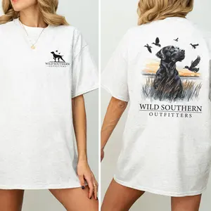 Hunting Dog Shirt  Dog Watching Ducks in the Field T-shirt, Simply Printed Graphic Shirt, Daily Casual Cotton Womenswear