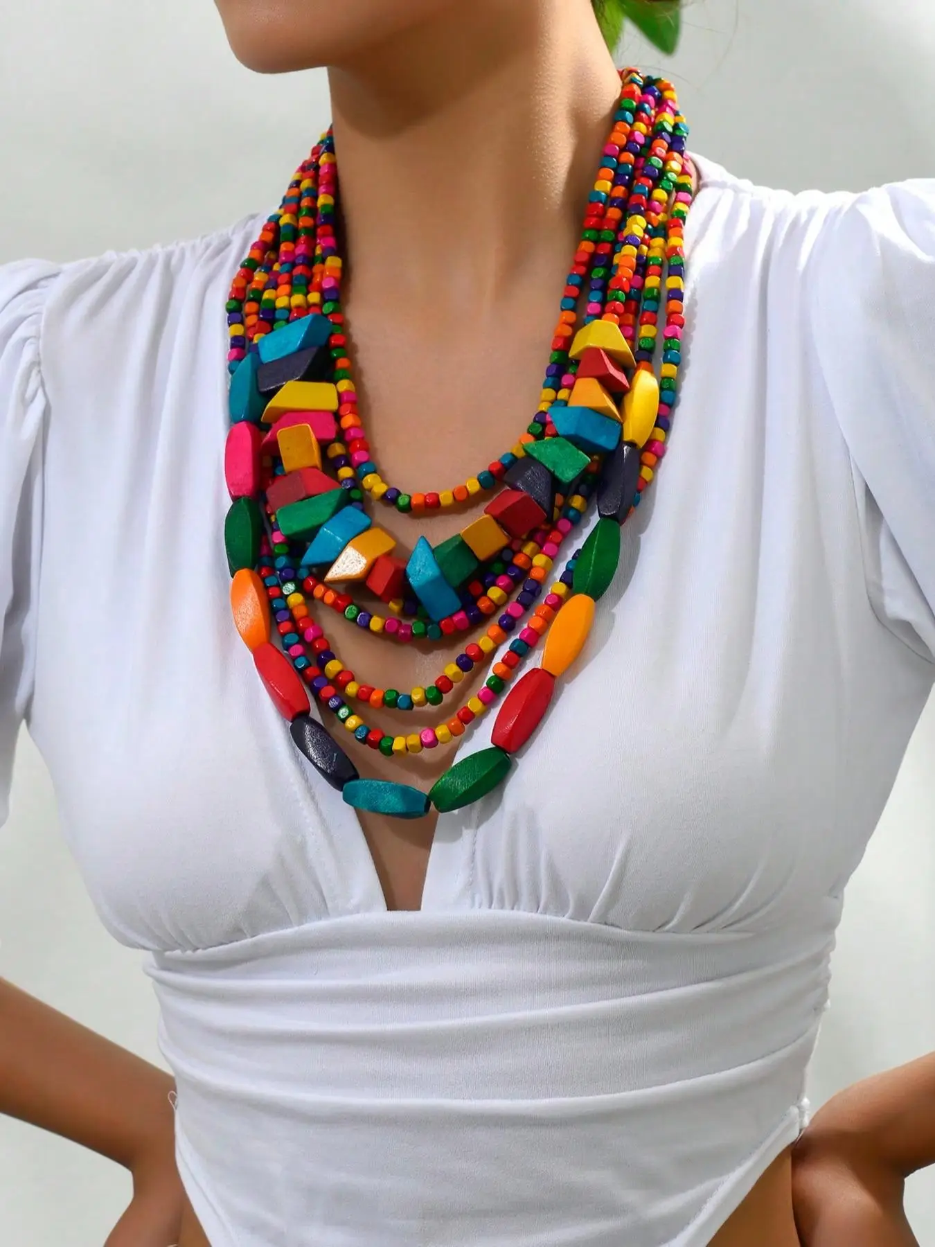 Summer Colorful Wooden Beaded Decor Layered Necklace, Boho Beaded Necklace for Women & Teen Girls, Casual Vintage Jewelry, Punk Accessories for Party,
