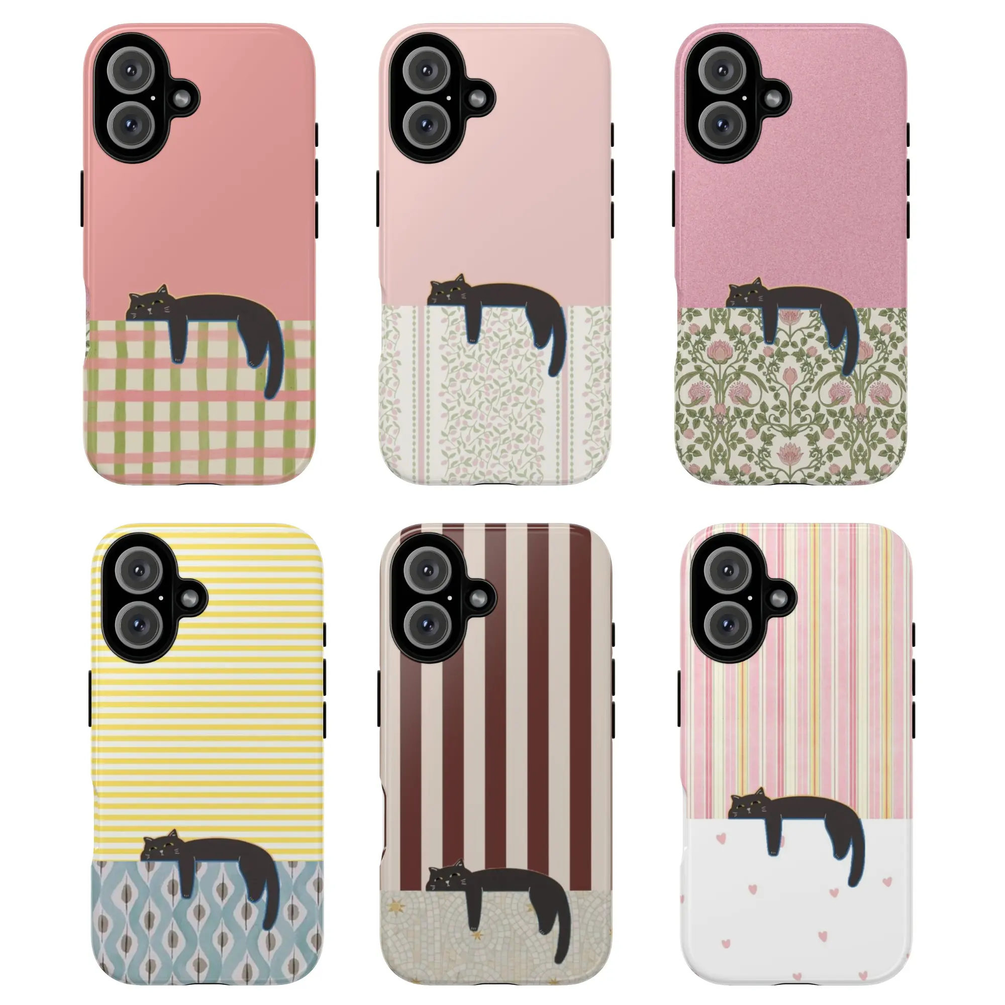 Minimalist Cute Black Cat Tough Phone Case, lazy cat case, Colorful Striped & Polka Dot Design for ip and ss, Stylish Protective Cover for ip and ss, gift for fans