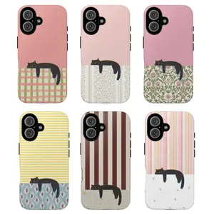 Minimalist Cute Black Lazy Cat Durable Polycarbonate Smartphone Case - Colorful Striped & Polka Dot Design, Long-Lasting Protective Accessory, Strong Protection for iPhone & Android Handheld Devices, Cat Fan Gift, Phone Casing Shell