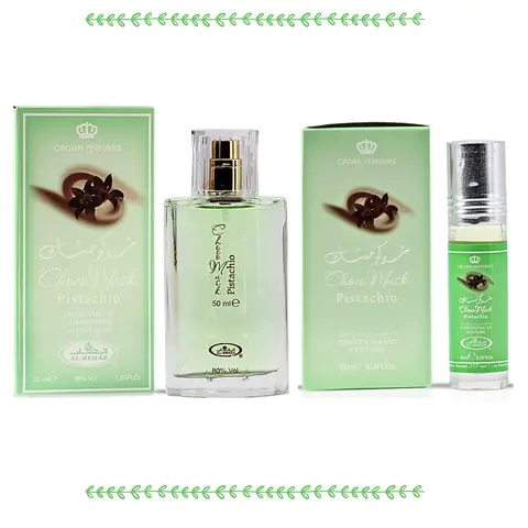 Al-Rehab Pistachio Choco Musk Unisex Fragrance Multi-Pack - 50ml Eau de Parfum, 6ml Liquid Oil Roll-On, Nutty Gourmand Scent with Chocolate & Vanilla, Long-Lasting Viral TikTok Arabian Perfume, Affordable Luxury Gift for Birthdays, Degradable Bottle