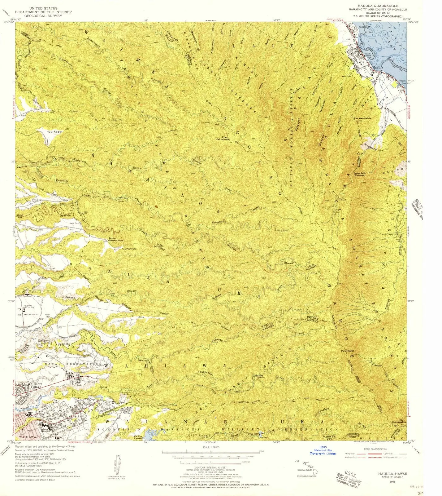 Hauula Hawaii USGS Topographic Quadrangle Map, 1953, 1:24000