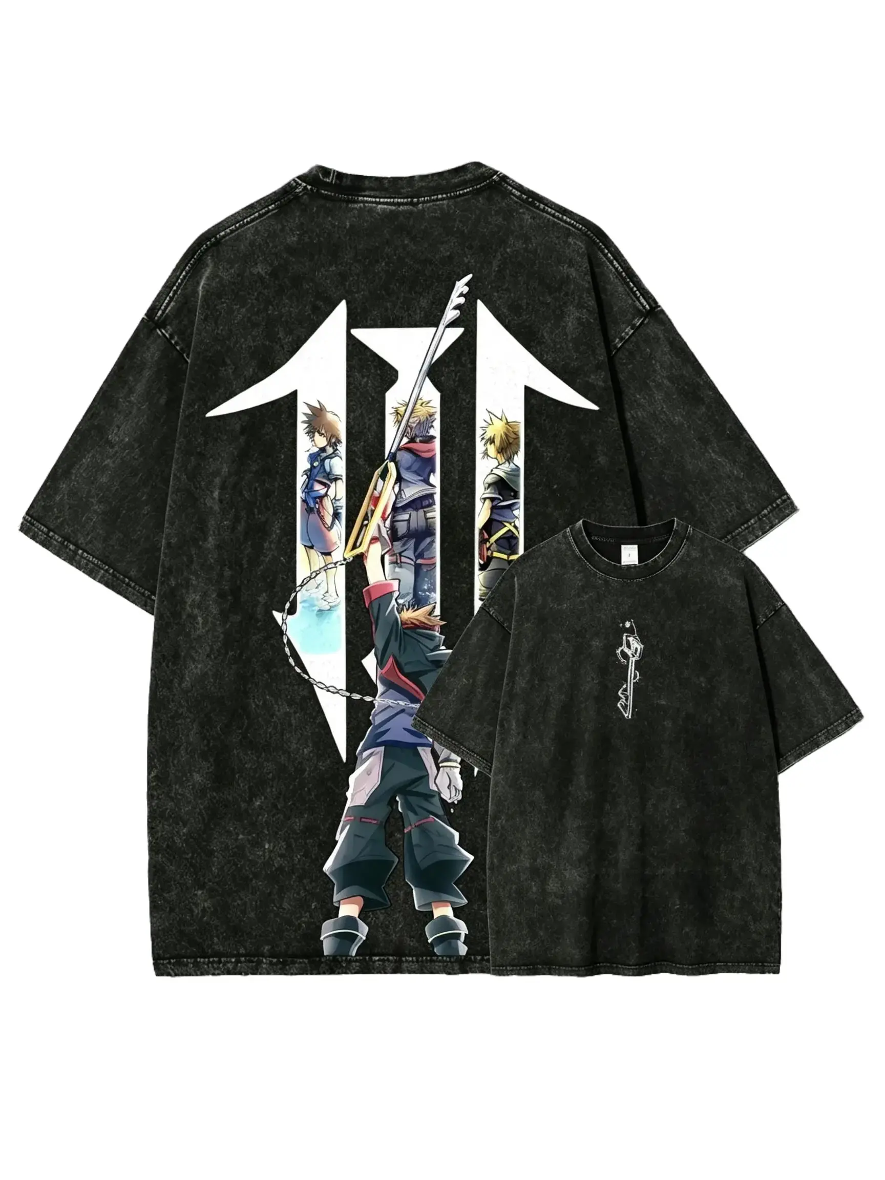 Anime Washed T Shirt Kingdom Hearts Inspired Graphic Tee Y2K Vintage Oversized Streetwear Shirt Men Women Retro Gaming Anime Short Sleeve Acid Wash Black Cotton Top Trendy Summer Fashion