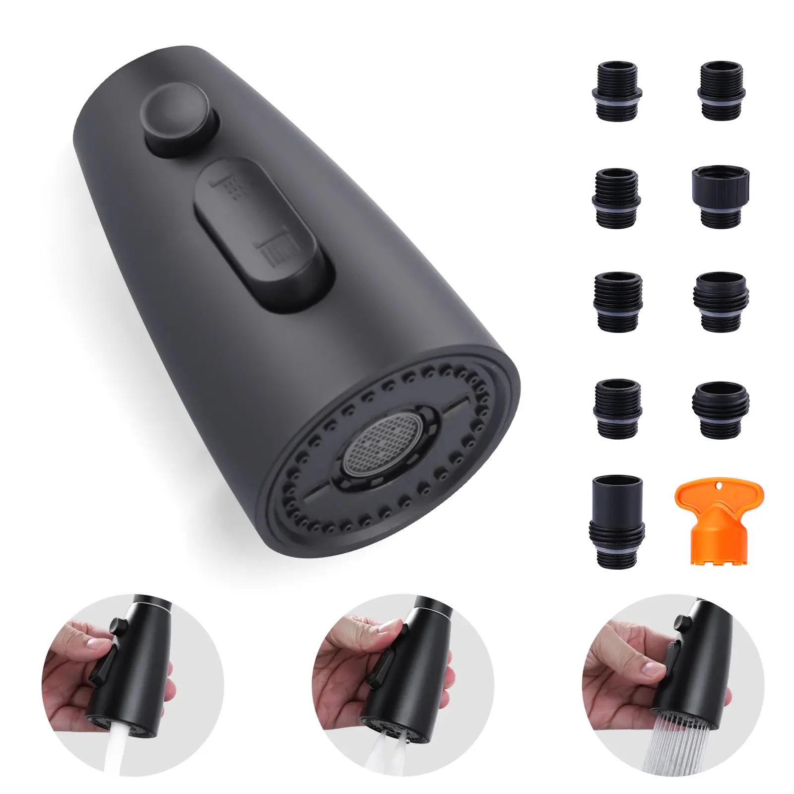 WOWOW Classic Glam Traditional Matte Black Pull-Down Kitchen Faucet Head Replacement, 3-Function (Stream/Spray/Sweep) Nozzle, 2 Buttons, 9 Adapters, Durable ABS Plastic, Easy Installation for Kitchen Sink Taps, Stream/Spray/Sweep Mode