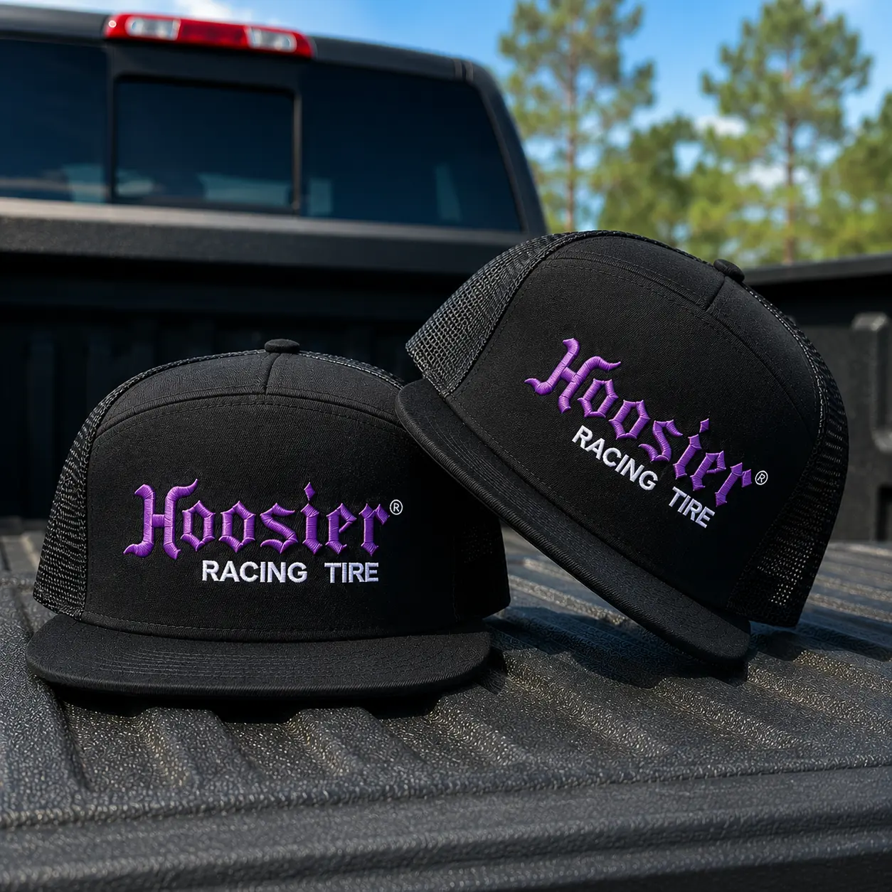 Hoosier Racing Tire Embroidered 7 Panel Trucker Hat, Black Mesh Snapback Cap, Flat Bill Racing Hat, Motorsport Gift for Men, Adjustable Cap
