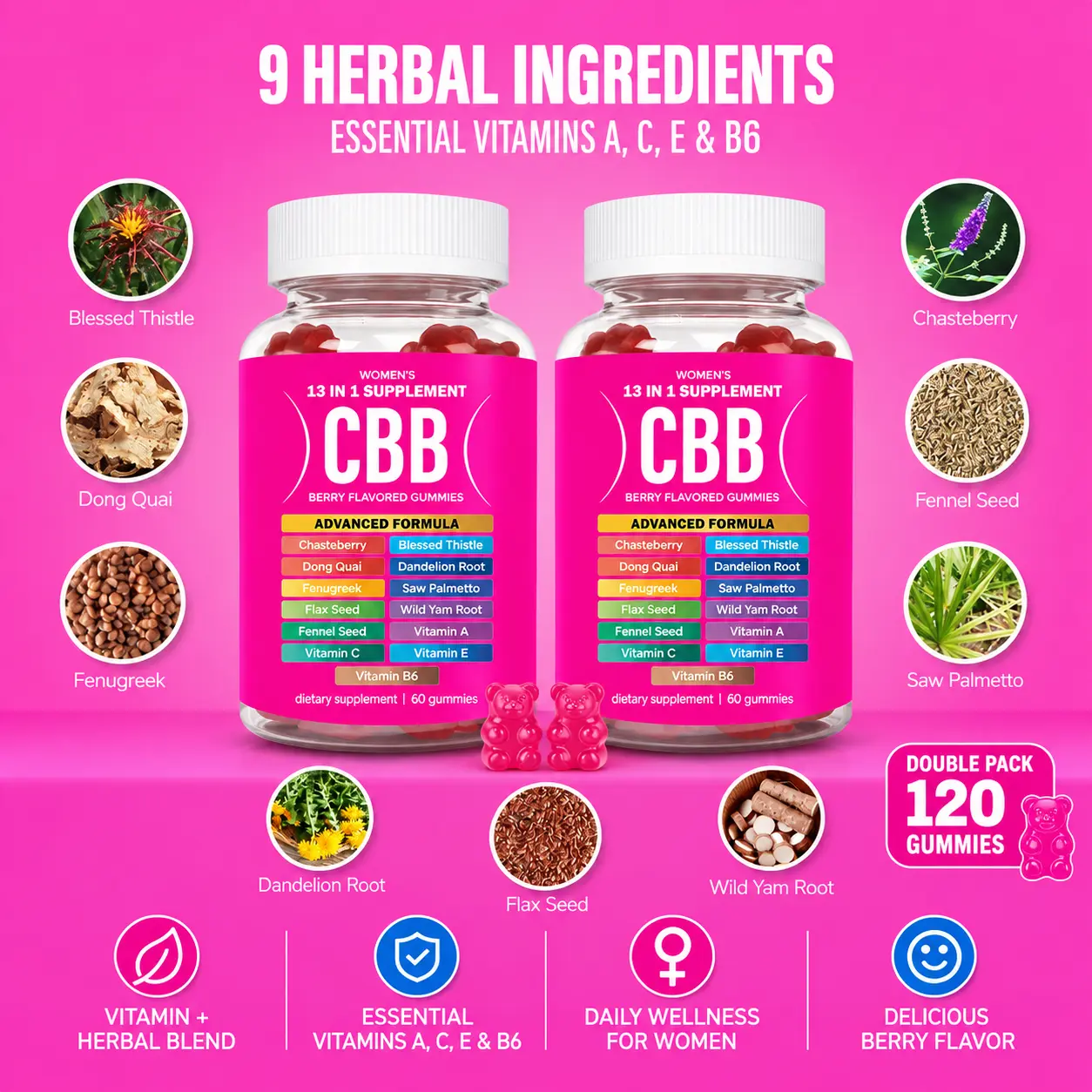 CBB Women’s Chewable Wellness Pectin Gummies Supplements for Women – Vitamins A,C,E,B6, 9 Herbal Ingredients, Berry Flavor, 2-Bottle Pack (120 Total Gummies), Gummies For Women