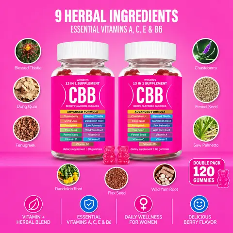 CBB Women’s Chewable Dietary Wellness Pectin Gummies Supplements, 9 Herbal + A-C-E-B6 Vitamins, Berry Flavor, 18 Months Shelf Life, All Ages Friendly, 2-Pack Convenience (120 Total Gummies)