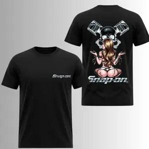 Snap-on Skull Piston Pin Up Girl T-Shirt, 2 Sides, Mechanic Garage Art Graphic Tee
