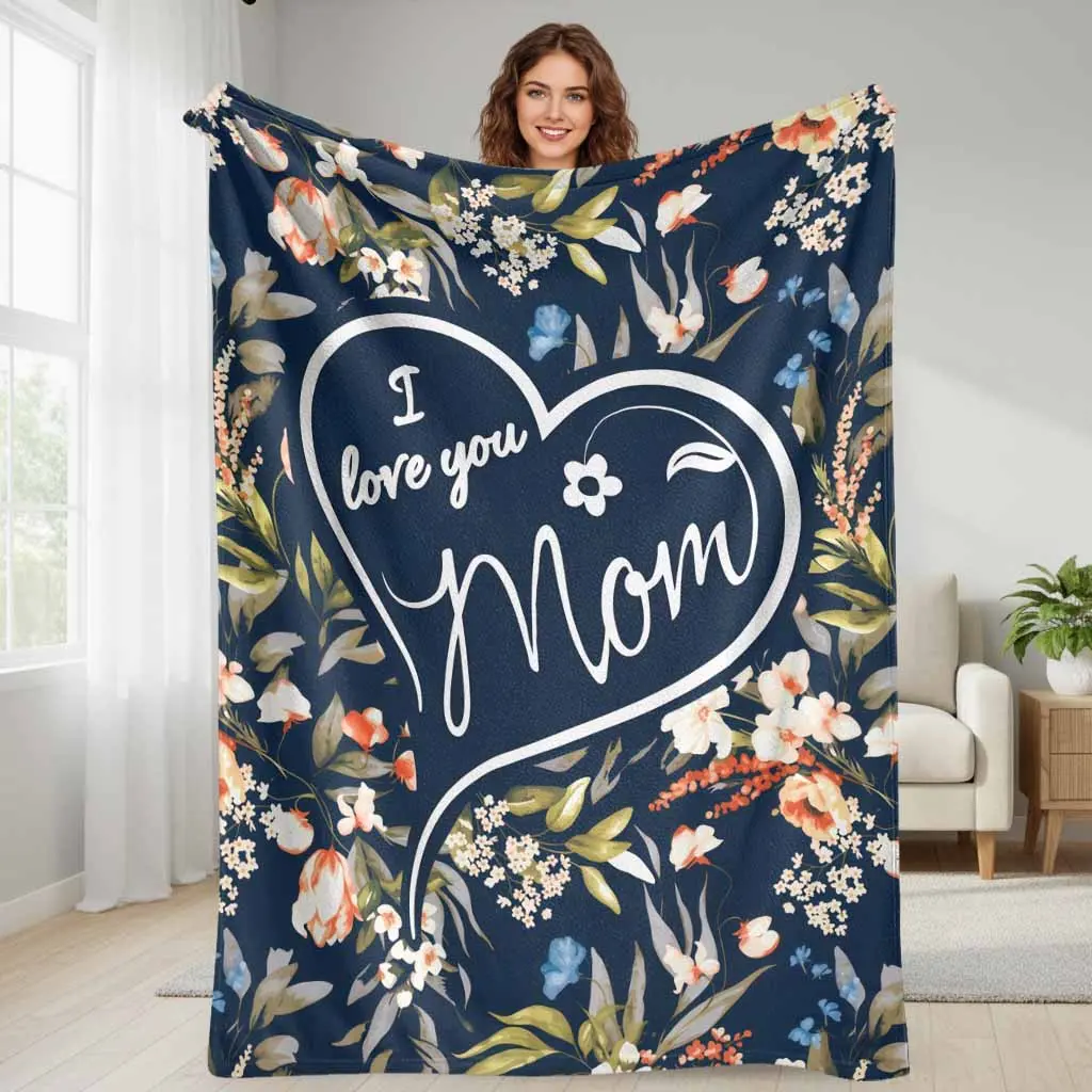 I Love You Mom Flannel Blanket Floral Heart Pattern Soft Cozy Lightweight Warm Decorative Throw Blanket for Sofa Bedroom Living Room Mother’s Day Gift Home Decor