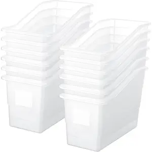 12 Pcs Clear Interlocking Plastic Book Bins with Labels Linking Storage Bins Magazine File Holder Book Organizer Container for Office Classroom Home