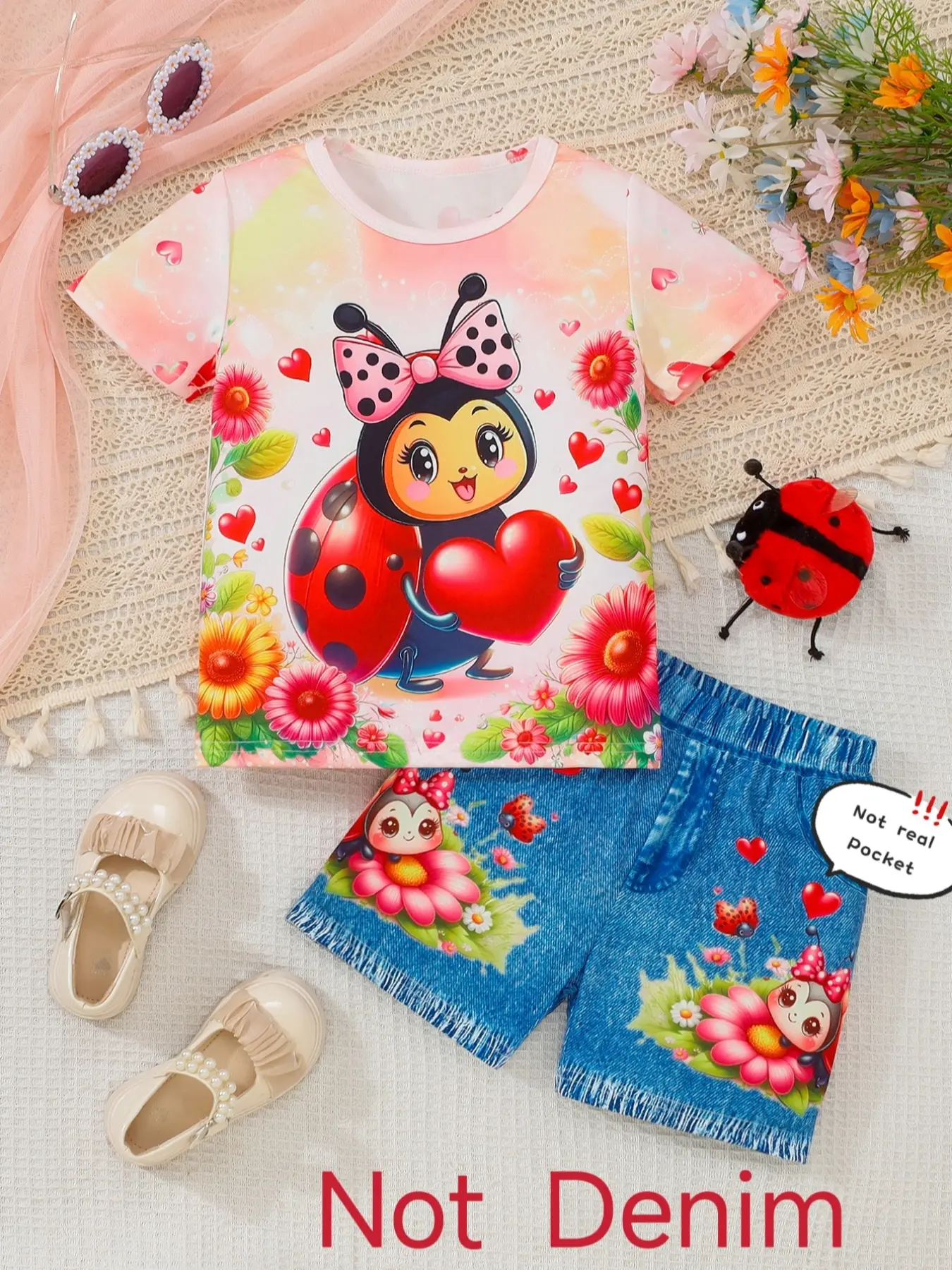 Cute Ladybug Print Girls' Clothing Set, 2-Piece Denim Shorts & Cute Design, Summer Clothing Set, Perfect Gift for Little Princesses, Outdoor Playwear, Baby Girl Clothes, Clothes Sets