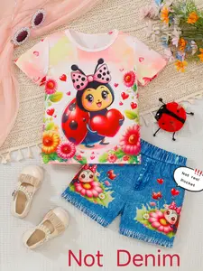 Cute Ladybug Print Girls' Clothing Set, 2-Piece Denim Shorts & Cute Design, Perfect Gift for Little Princesses, Outdoor Playwear, Baby Girl Clothes