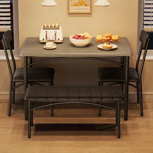 【GARVEE】Rustic Gray Wood Dining Table Set for 4 with Upholstered Chairs and Bench, Rectangular Kitchen Table and Chairs Set Ideal for Small Spaces and Apartments