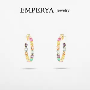 EMPERYA 14K Gold Plated Rainbow C-Hoop Earrings | Multicolor Cubic Zirconia Baguette Earrings | Vibrant Sparkling CZ Jewelry Gift for Her, Women, Teens