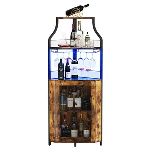 Brown Corner Bar Cabinet - Industrial Look Sideboard with Storage, LED Lights, 5-Tier Adjustable Shelf, Glass Holder, Corner Shape, Waterproof MDF, Home/Coffee Bar Apartment Furniture