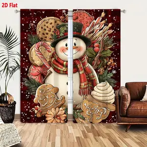 2D Flat  Christmas Curtain 2-Piece Set, Red Plaid Background with Snowflakes, Featuring Cheerful Snowman, Gingerbread Cookies, Candy Cane, Holly Sprigs & Festive Decorations for Cozy Holiday Living Room Window Drapes