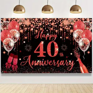 1pc 2D Flat Elegant 40th Anniversary Celebration Backdrop, 109.98x179.83 cm - Red and Black, Glittering "Happy 40th Anniversary" Design, One-Off Polyester Blend, Perfect for Ruby Wedding & Par