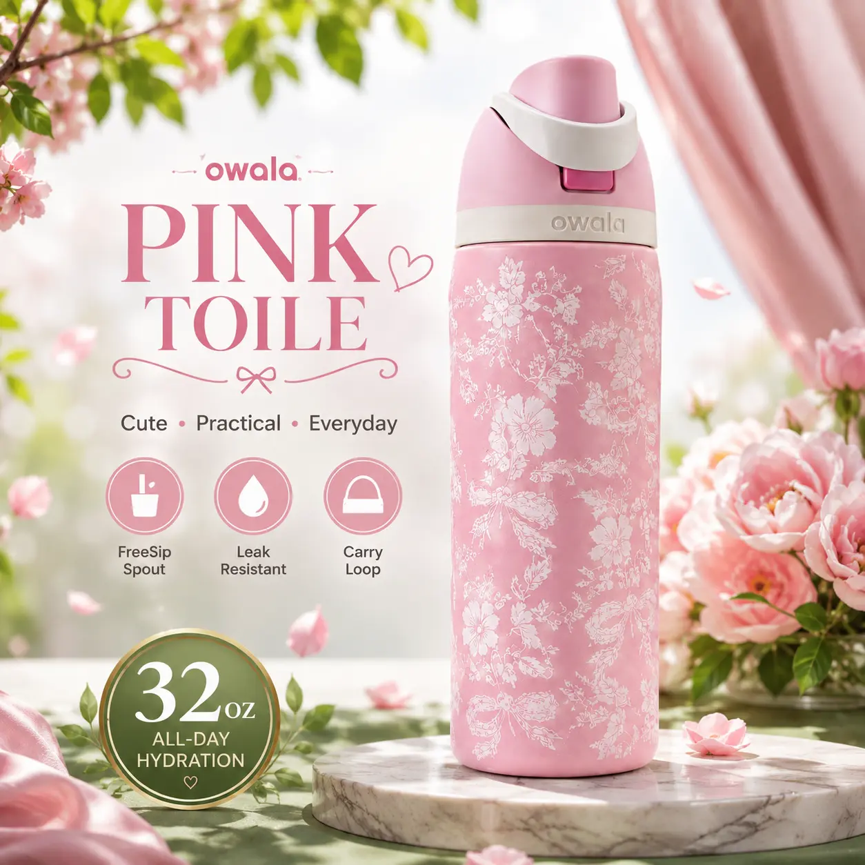 Owala FreeSip Ribbon Toile Limited Edition Insulated Stainless Steel Water Bottle