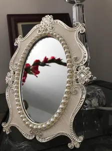 Metal Oval Decorative Makeup Mirror with Stand, Antique Table Cosmetic Mirror, Coquette Countertop Desk Dresser Mirror for Home