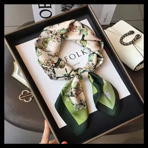 Elegant Green Floral Print Square Scarf for Women - Soft Nylon, Sun-Protective & Breathable, Perfect for Evening Outings, Hair Tie or Neck Accessory