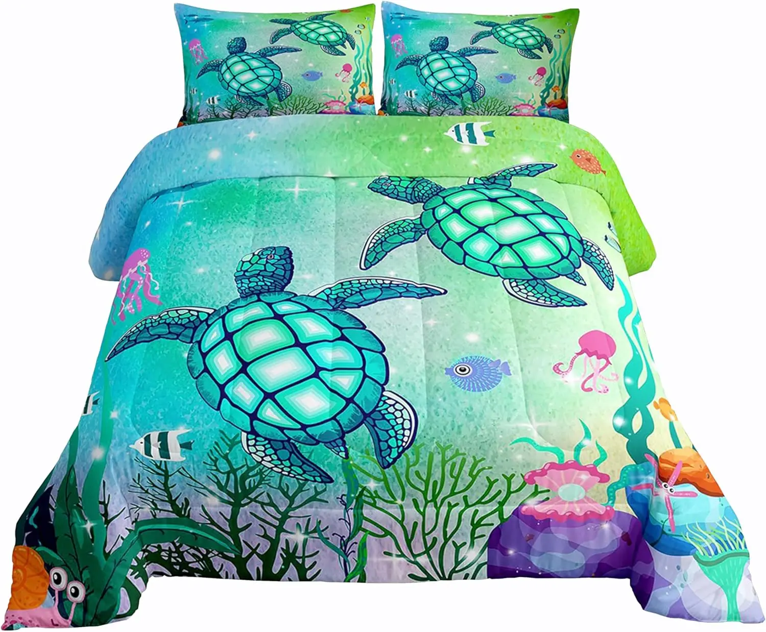 Feelyou Multi-Size Nautical Sea Turtle Quilted Duvet Set - Green-Blue Insert, Undersea Printed Blanket, Breathable Bed Cover, Ocean-Style Coastal Bedding, Soft Warm Kids Nursery Bedding