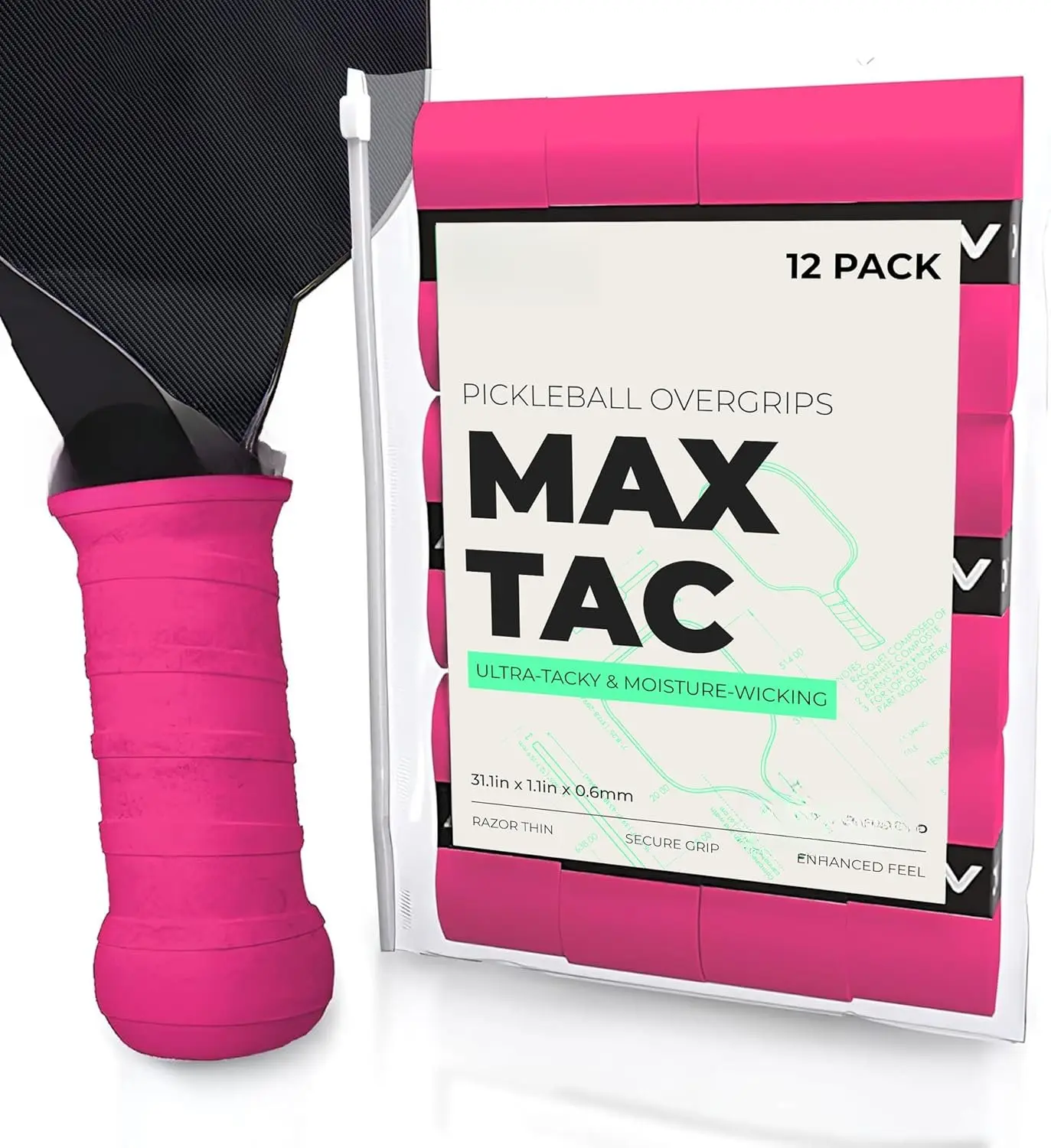 MaxTac Tacky Pickleball Grip Tape - 6 & 12-Pack - Extremely Sticky Non-Slip Pickleball Overgrip - Razor-Thin & Easy to Use Pro Pickleball Paddle Grip Tape