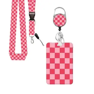 Simple Checkered ID Badge Clip with Adjustable Lanyard and Card Holder, Rotating Badge Stand, Keychain, Office Gift for Teachers and Nurses