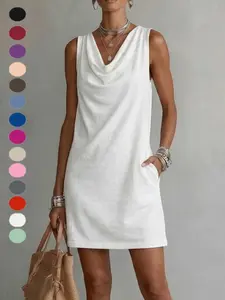 2026 New European and American Cross-Border Tiktok Bestseller, Solid Color Flowy Casual Wear Sleeveless Tiered Neck Pocket Short Dress for Women