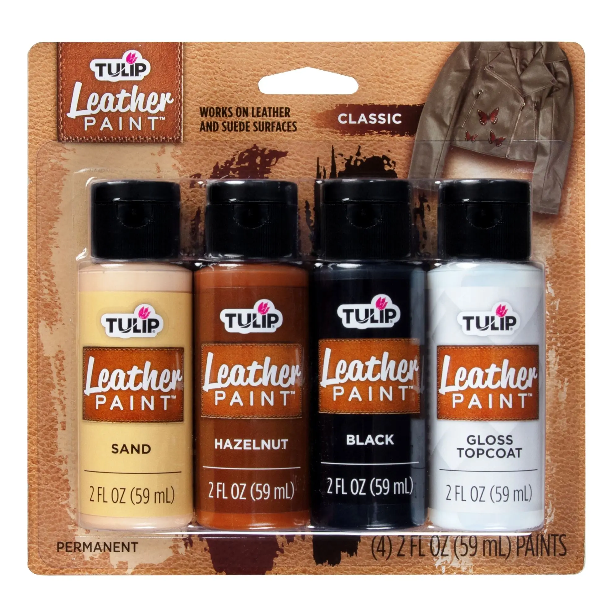 Tulip Leather Paint Classic 4-Pack, Gloss & Matte Finish, Hazelnut & Sand Shades, for Luggage & Bag Leather Craft Enthusiasts (Cleaning & Care Accessory), Black