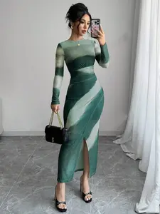 Women's Tie-Dye Ruched Slit Mesh Bodycon Dress, Stylish Casual Fashion, Perfect for Daily Wear & Special Occasions, Womenswear