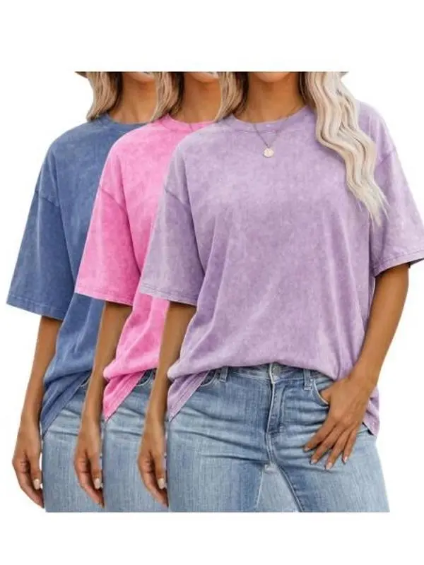 Women's 3-Pack Oversize Crew Neck T-Shirts - Vintage Washed Pure Cotton Short Sleeve Solid Color Summer Baggy Plus Size Tops, Tshirt, Basic, Oversized, Basic Style, Casual Ootd, Loose-Fit, Plain, Wardrobe Staples, Lady