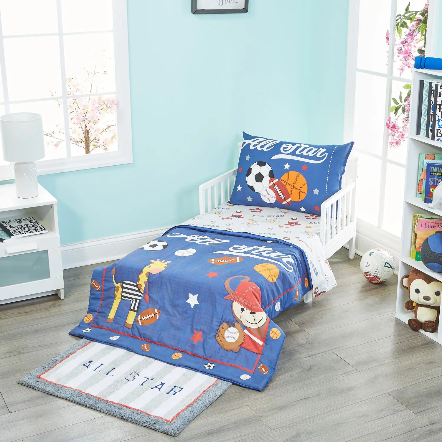 EVERYDAY KIDS 4 Piece Toddler Bedding Set - Jungle Sports - Soft 100% Cotton Percale - Includes Comforter, Flat Sheet, Fitted Sheet and Reversible Pillowcase