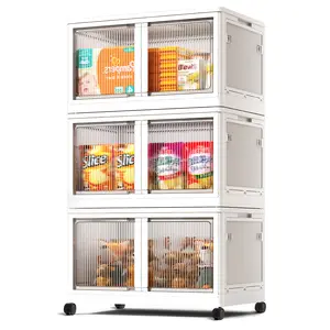 COOKCOK Storage Bins with Lids, Foldable Plastic Storage Container with Door, 3 Pack Stackable Collapsible Storage Bins for Closet Organizers and Storage, Secure Lock